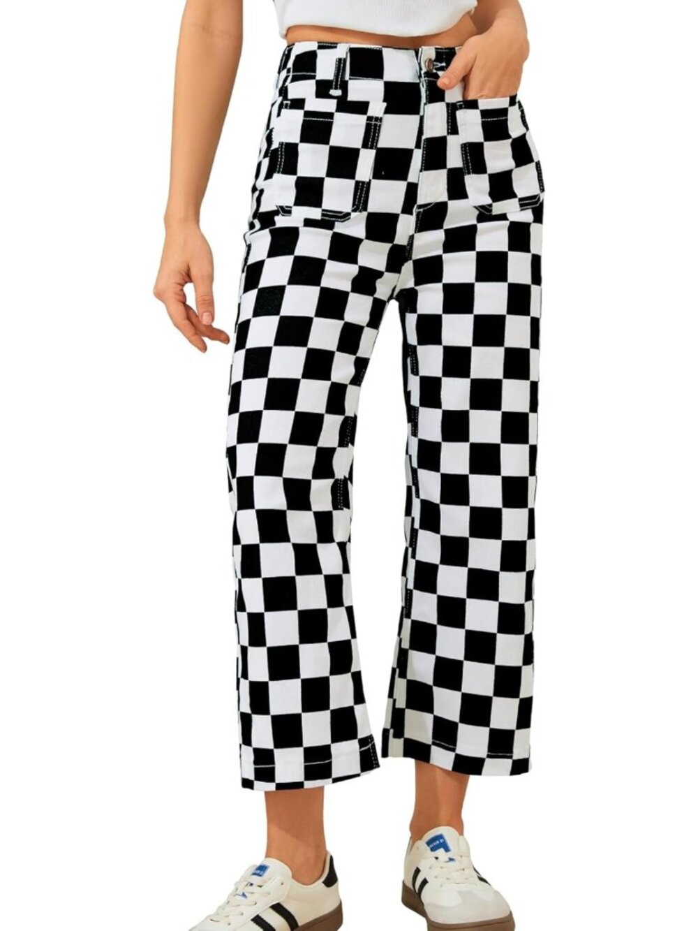 High-Waisted Cropped Jeans for Women | Stretchy Checkered Casual Trousers with